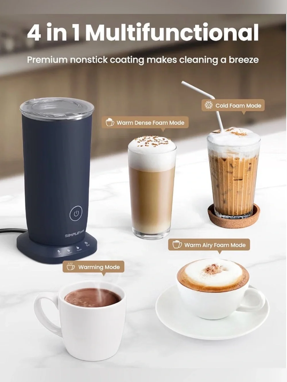 SIMPLETASTE Milk Frother, 4-in-1 Electric Automatic Milk Steamer Dark Blue